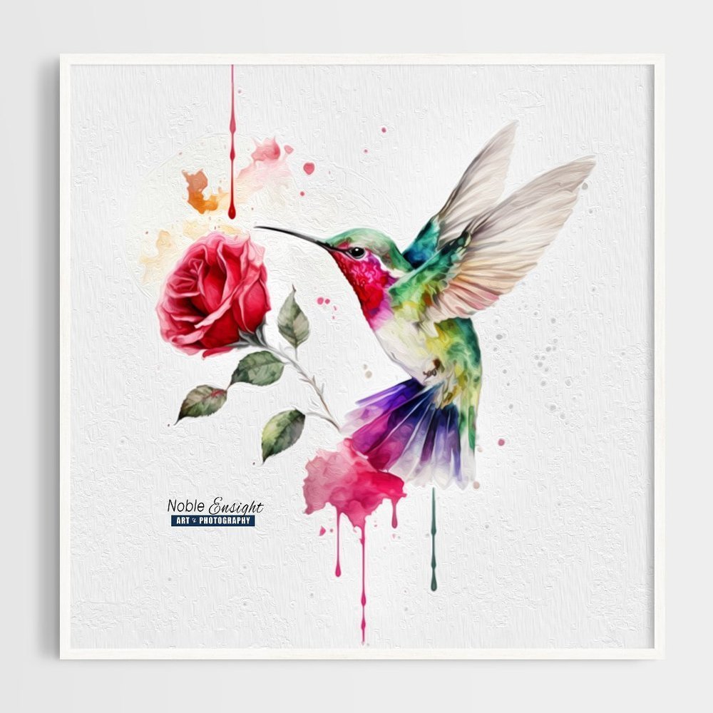 Hummingbird Rose Watercolor Oil Painting Art Print - Picture 4 of 6